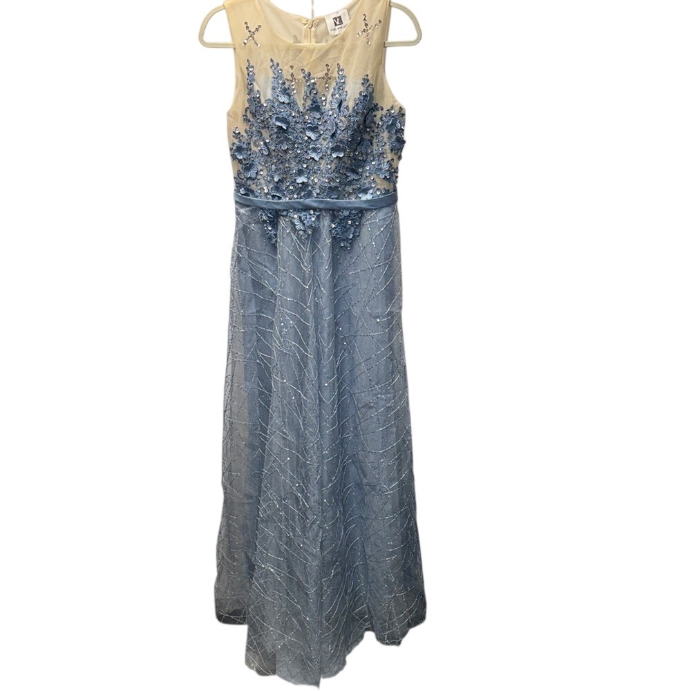 Vicky and Lucas Blue‎ 3D Floral Applique Sequin Mesh Formal Gown Dress Size L